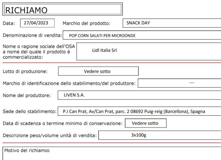 Richiamo alimentare popcorn