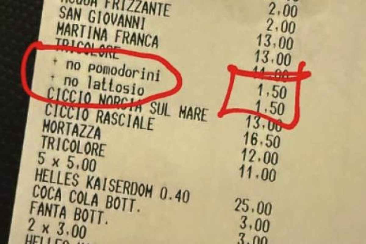 scontrino della pizza con sovrapprezzo