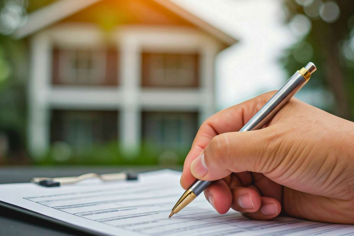 persona che firma un documento casa sullo sfondo