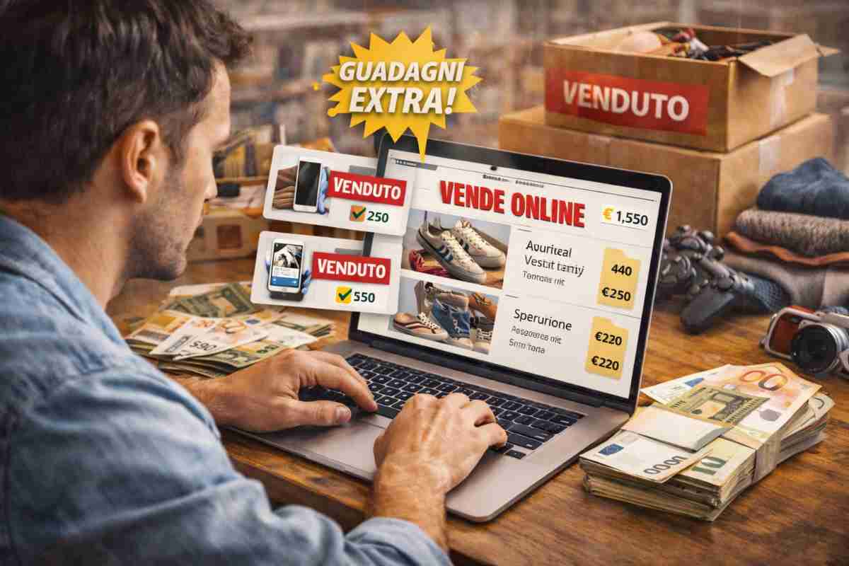 uomo mette online oggetti da vendere